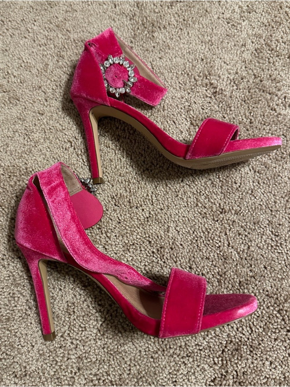 Halogen Hot Pink Velvet Stiletto Sandals with Crystal Accent
